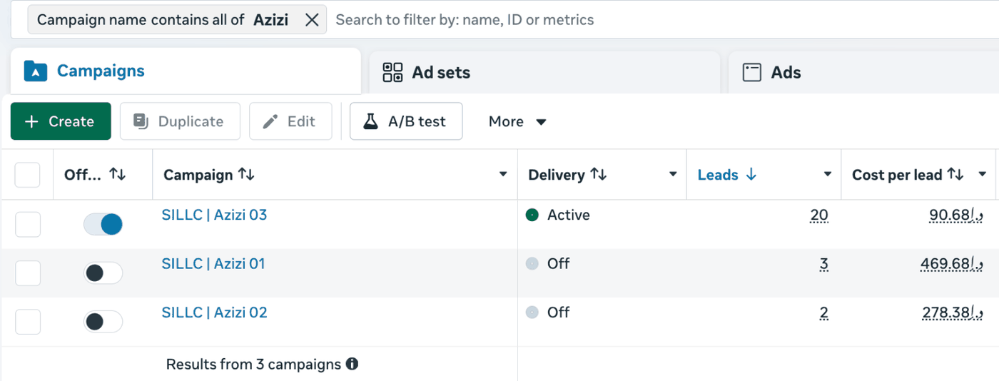 Meta Ads Manager screenshot of three Azizi campaign versions