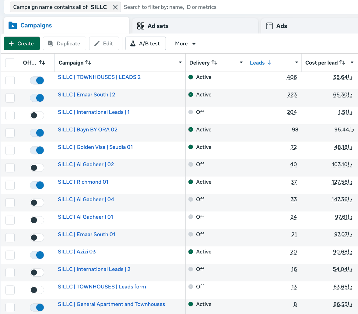 Meta Ads Manager screenshot of leads and cost per lead by campaign